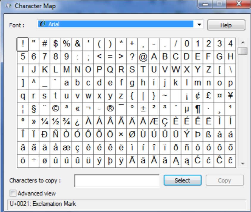 Character map tool showing a grid of special characters